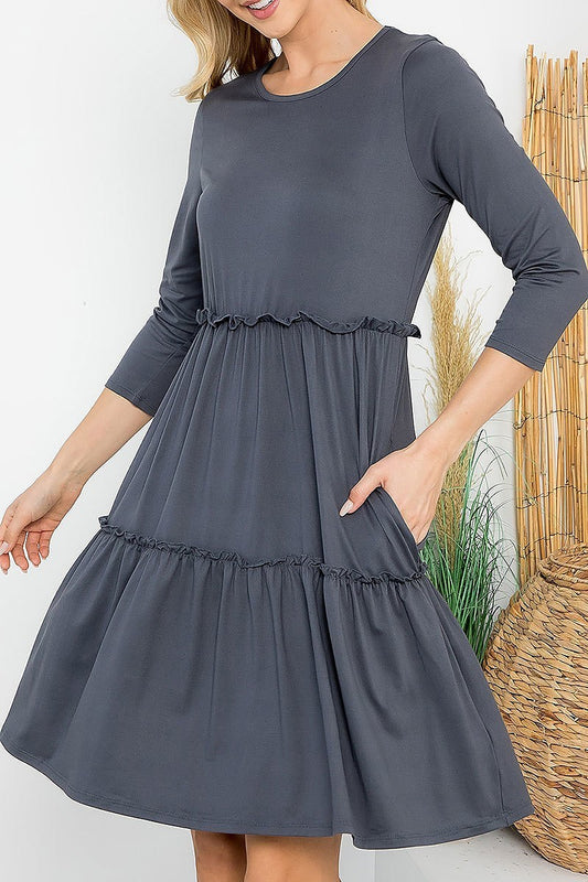 Solid 3/4 sleeve merrow detail flare dress (DED8854)