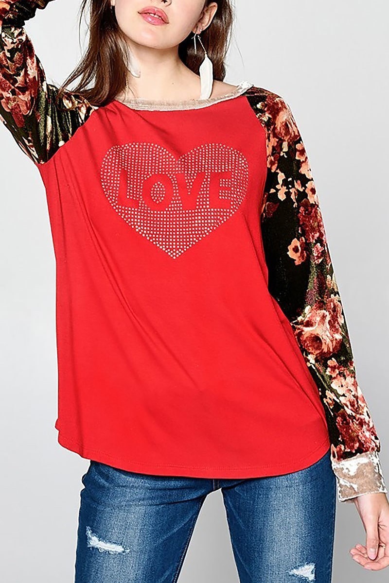 Love print floral sleeve top (EF5119)