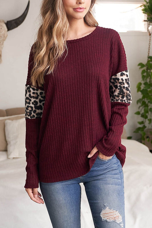 Leopard sleeve detail round neck top (EF2223-REST)