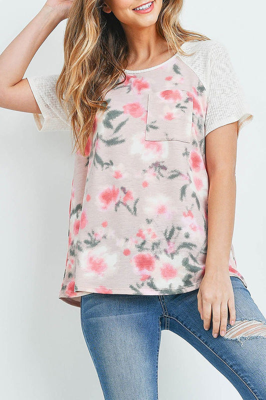 Waffle raglan floral pocket top (ED9153)