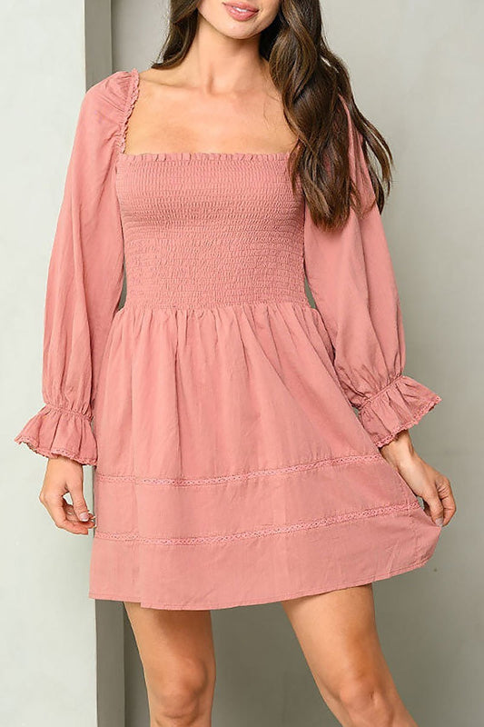 Long sleeve square neck smock mini dress (EDWT7151)