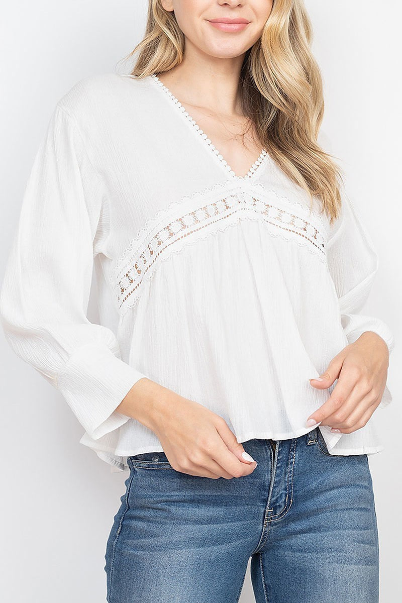 V neck lace trimmed bubble sleeve top (EF1800)