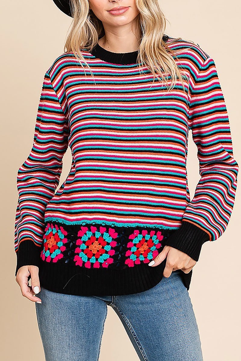 Stripe embroidered knit top (EDH1672)