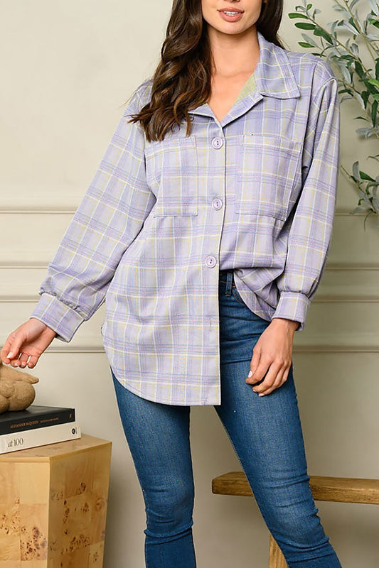 Long sleeve plaid button up top (EDWT5742)