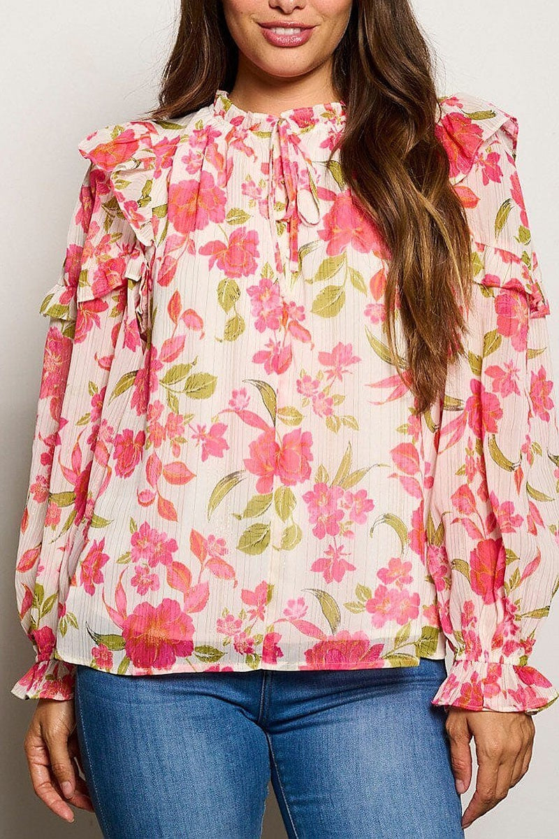 Long sleeve mock neck ruffle floral blouse top (EGWT1437)