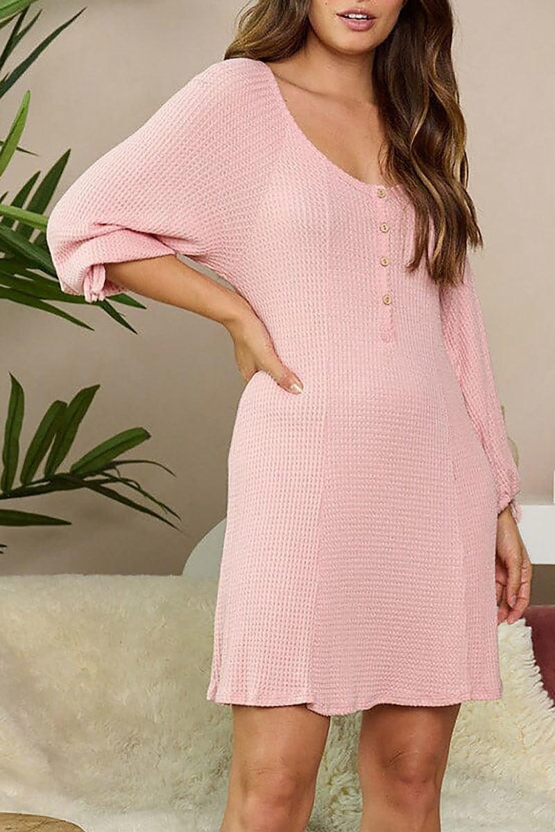 3/4 sleeve v-neck tunic waffle mini dress (EFWT6173)