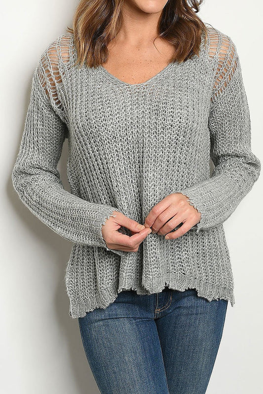 Distressed detail back v neck sweater (DGS4760-LAST)