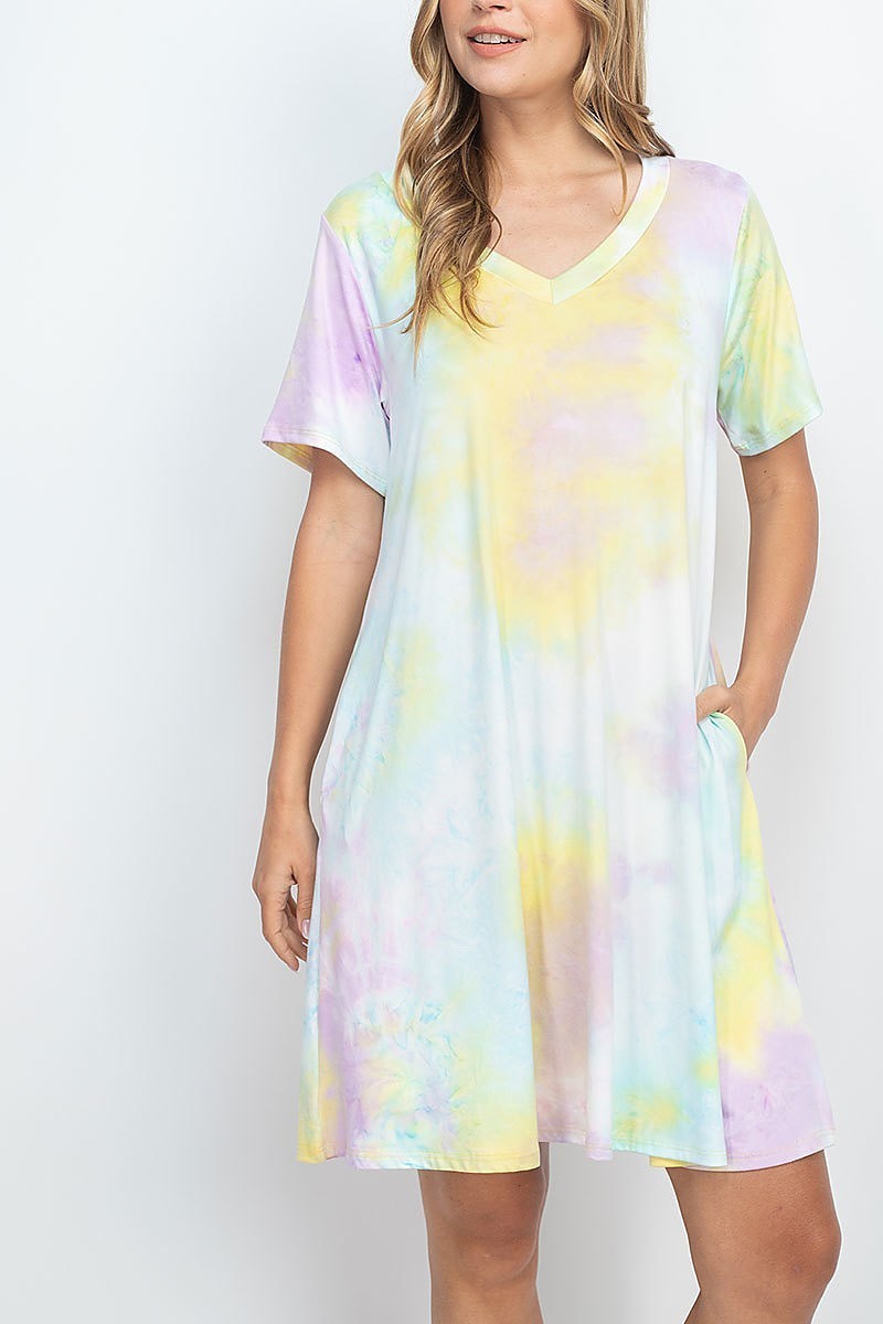 Tie dye v neck pocket swing dress (DED6476)