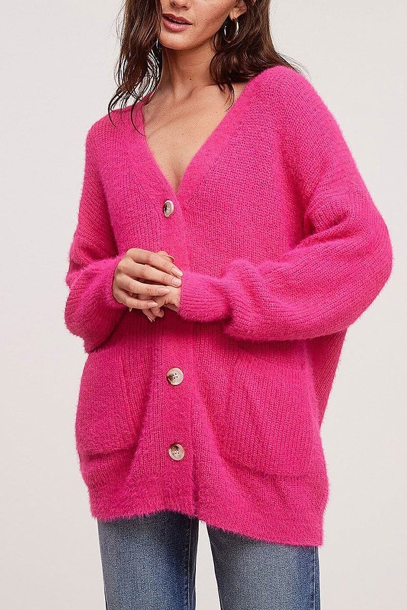 Long sleeve button closure fuzzy cardigan (EFWT5483)