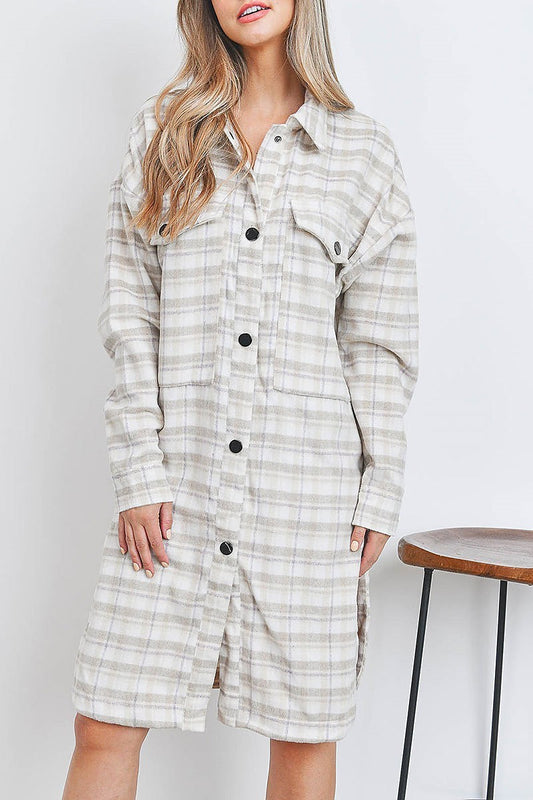 Button pocket plaid tunic midi dress (DED7048)