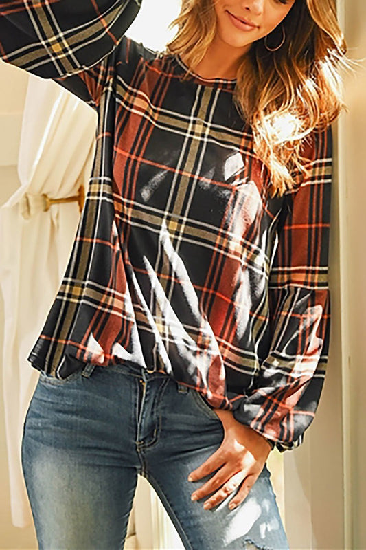 Round neck bubble sleeve plaid top (ED7984-1)