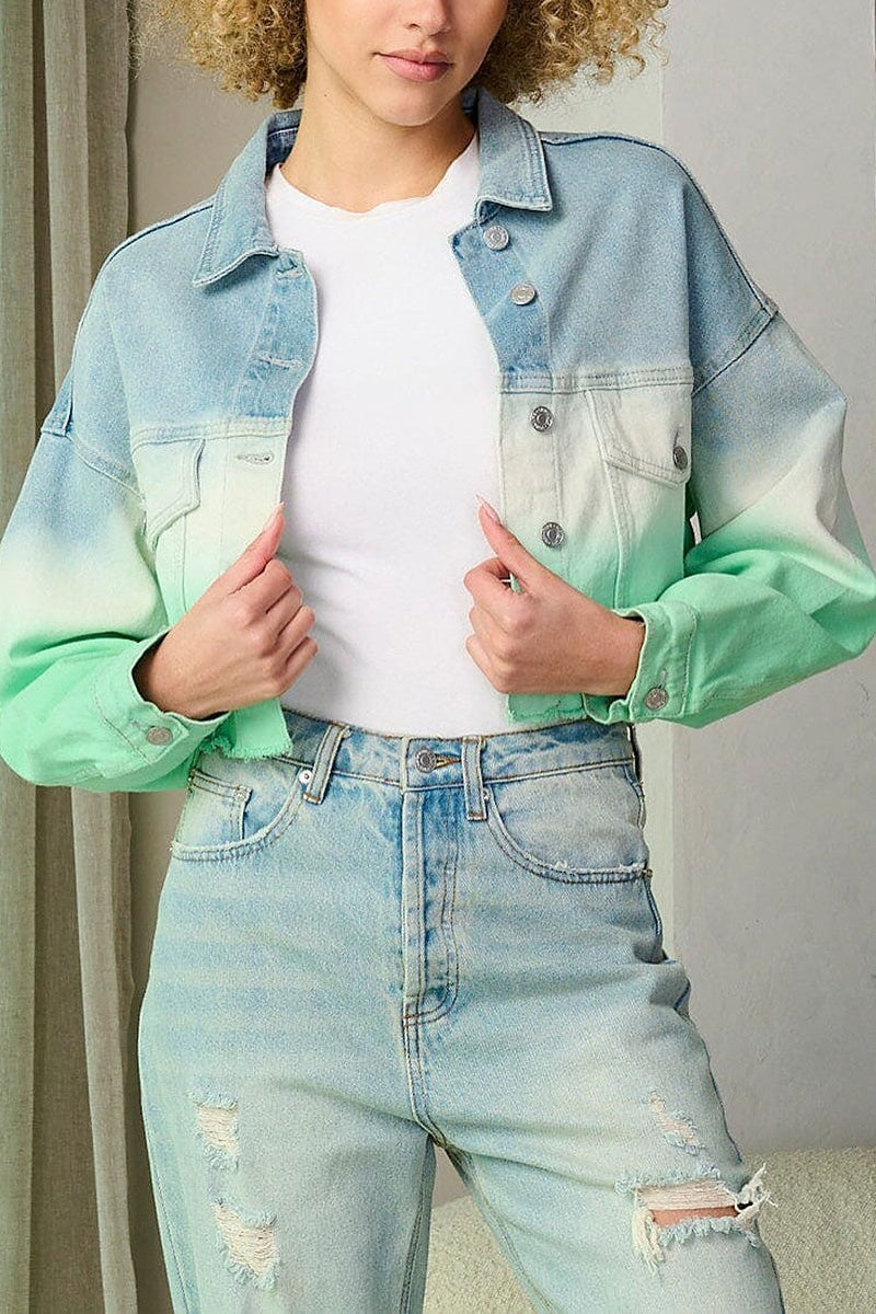 Button closure colorblock denim crop jacket (EFWT9296-1)