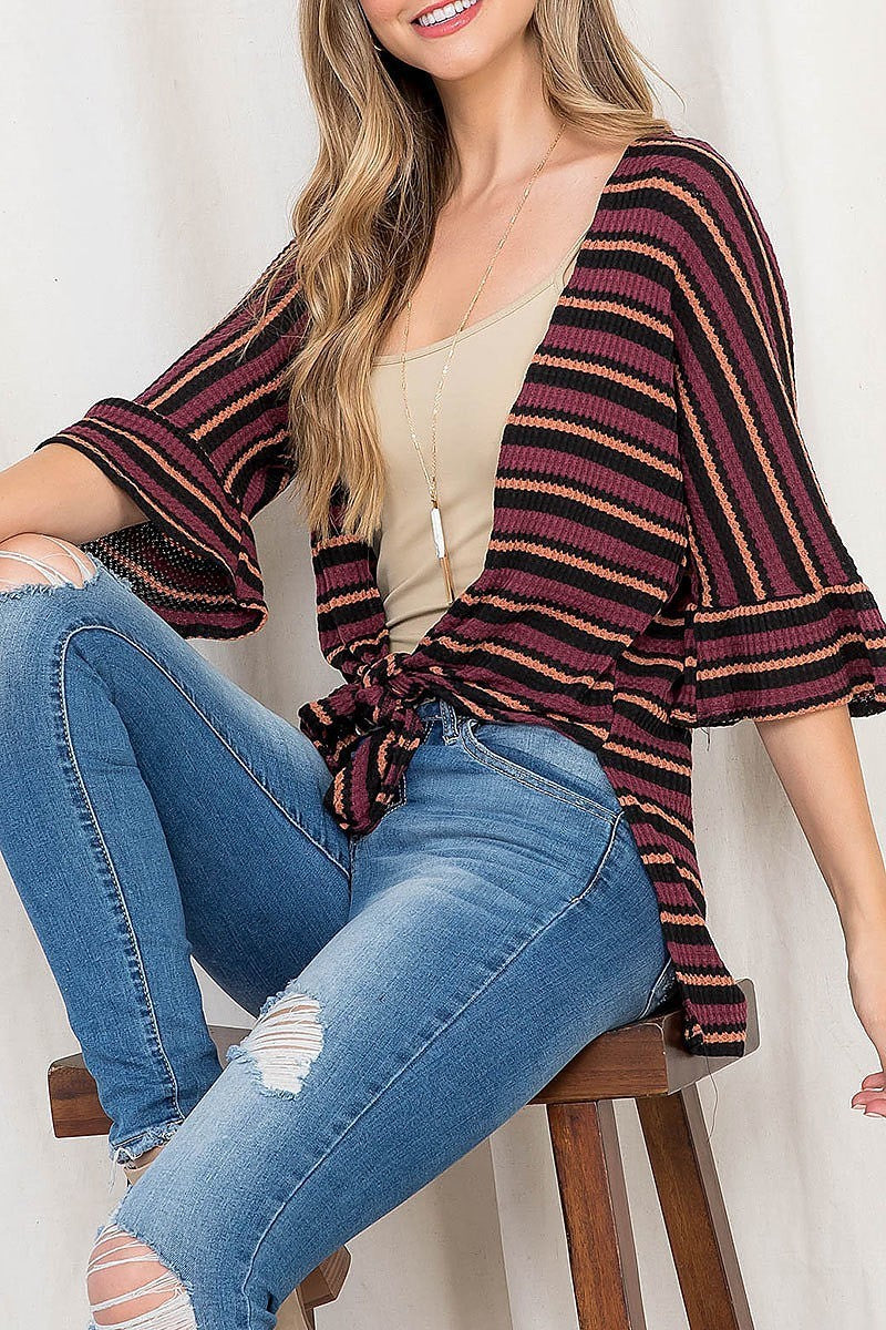 Waist tie bell sleeve multi stripe hi lo cardigan (DGS5530)