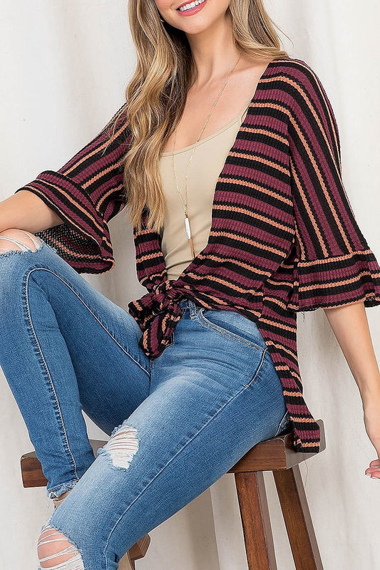 Waist tie bell sleeve multi stripe hi lo cardigan (DGS5530)