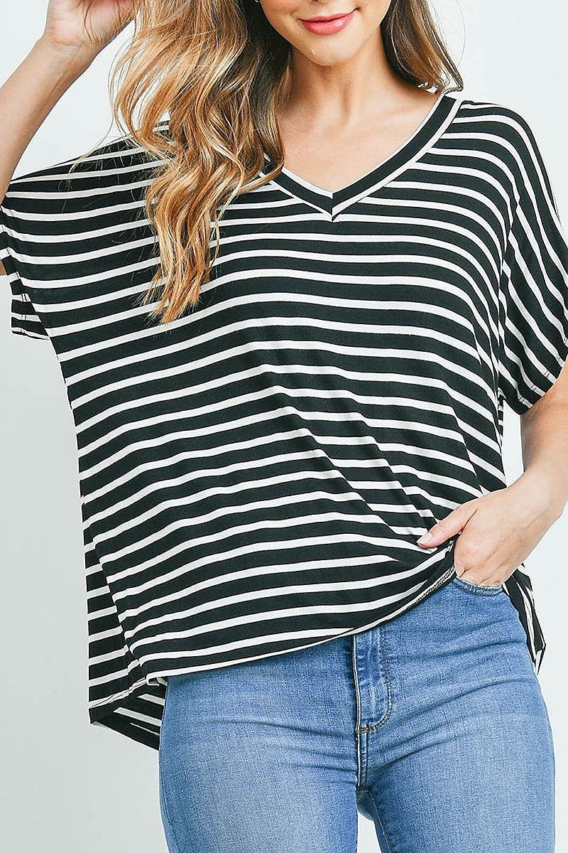 V neck stripe loose fit top (ED9531)