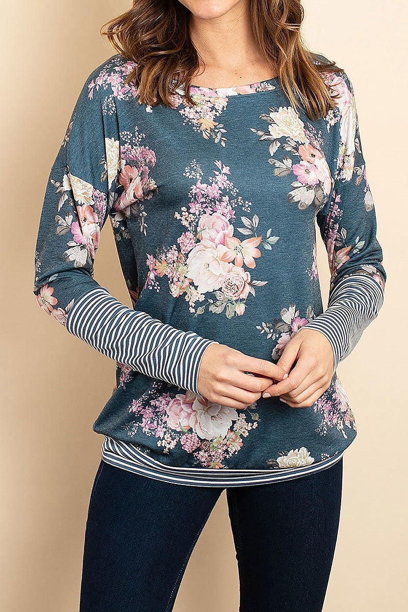 Stripe floral print color block top (ED8010-1)