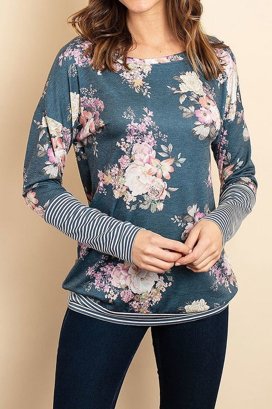 Stripe floral print color block top (ED8010-1)