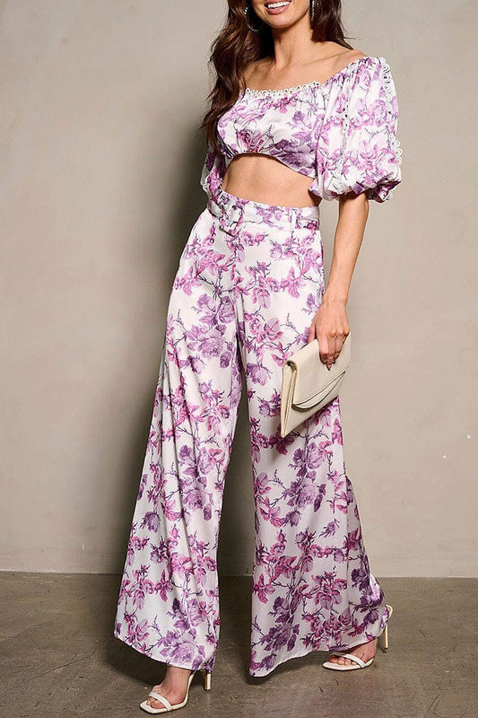 Short sleeve crop top & belted pants floral set (EFWT9512)