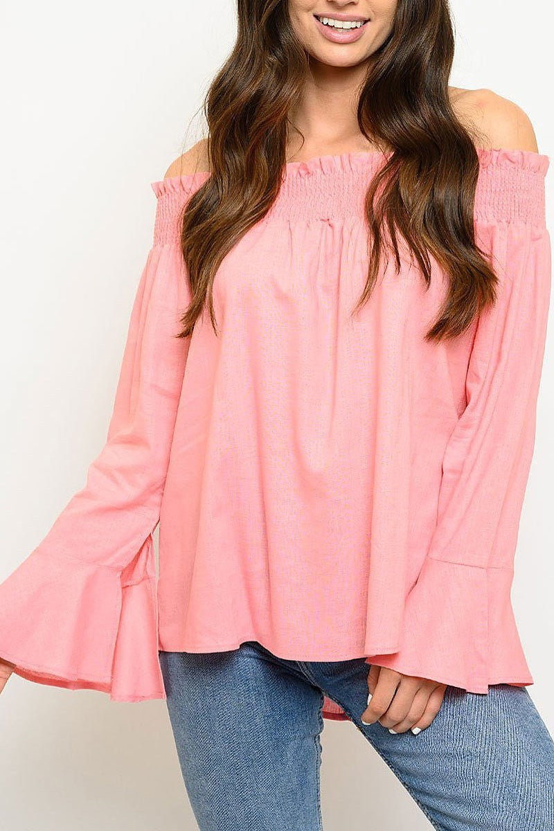 Off shoulder smoked detial bell sleeve top (EDWT3062)