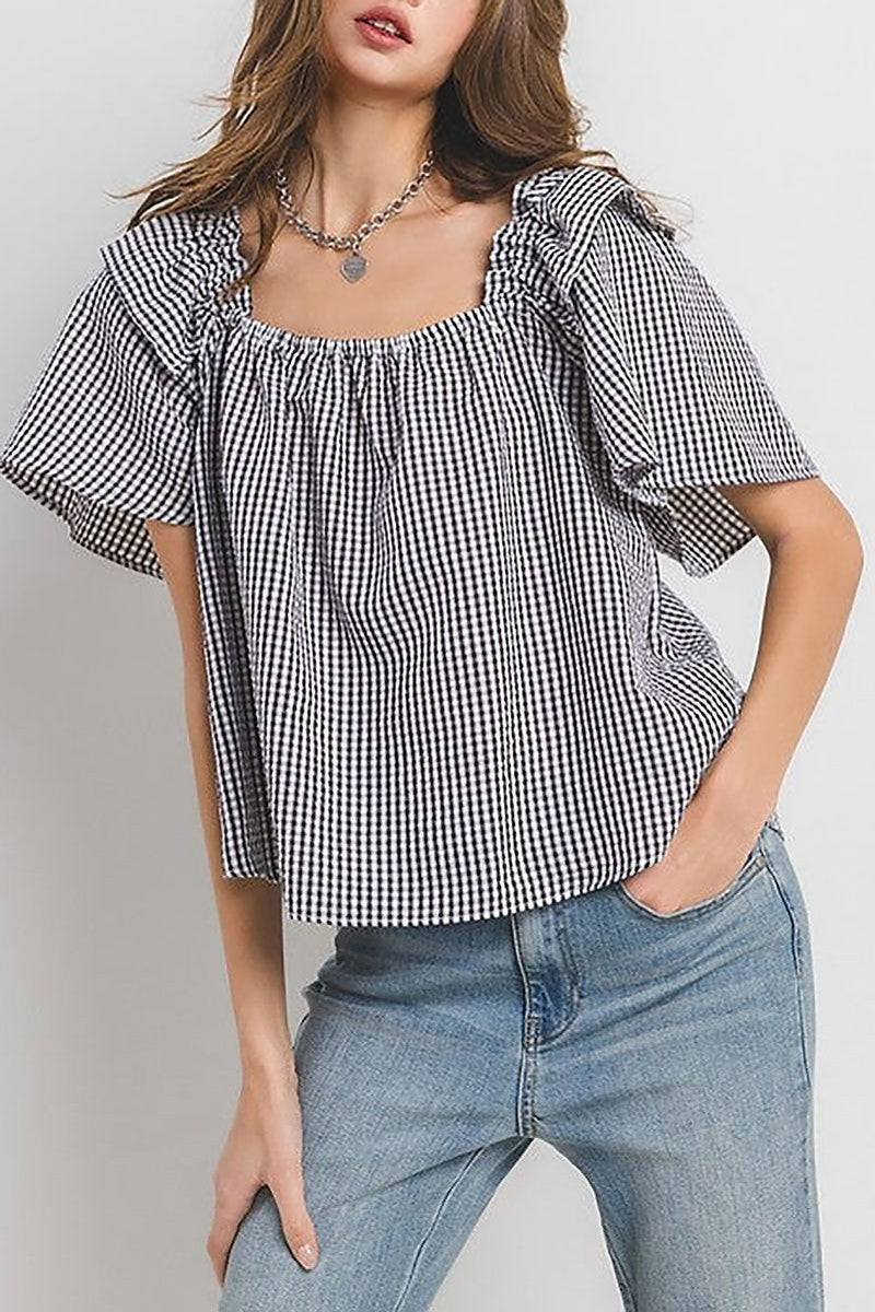 Gingham square neck ruffled blouse top (EDSW4494)