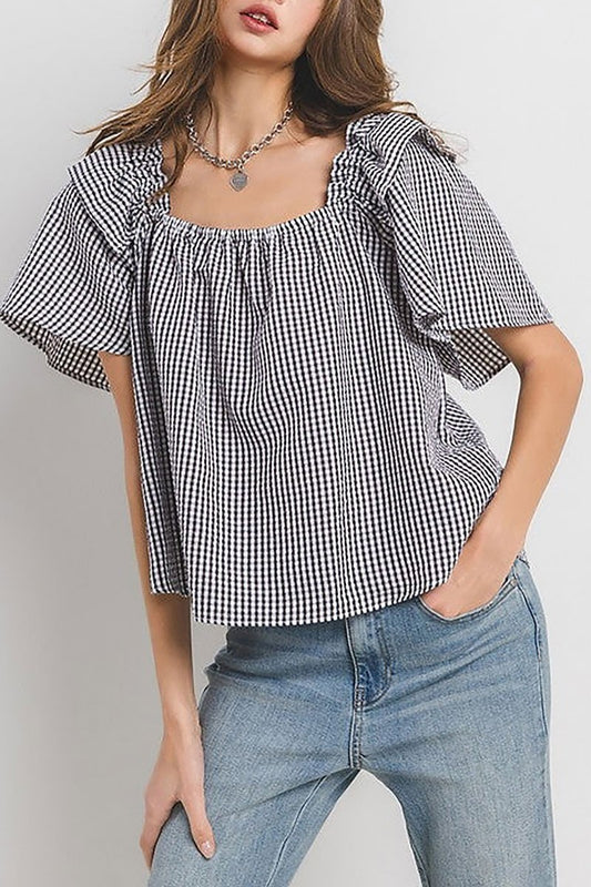 Gingham square neck ruffled blouse top (EDSW4494)