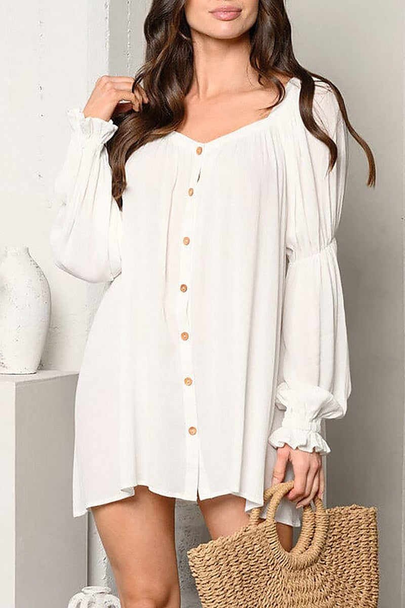 Long sleeve button up tunic mini dress (EDWT9758)