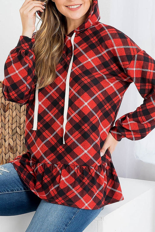 Plaid puff sleeve ruffle hem self tie hoodie (EF2474)