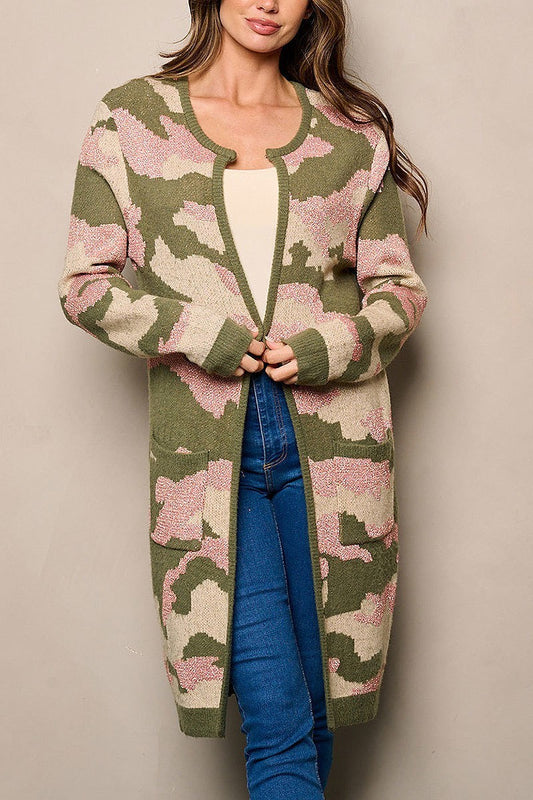 Open front pockets camo shimmer print cardigan (EFWT4433)