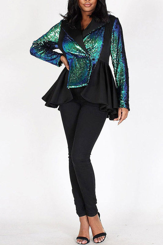 Button closure peplum colorblock sequins jacket (EFWT4311)