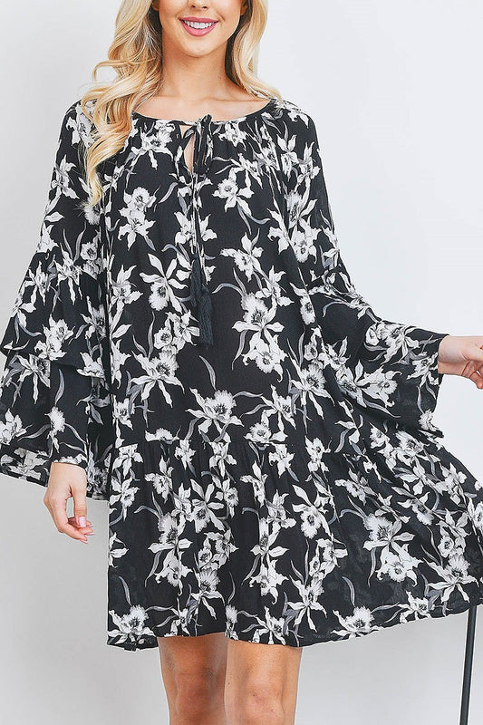 Tassel tie floral print bell sleeve dress (DED7057)