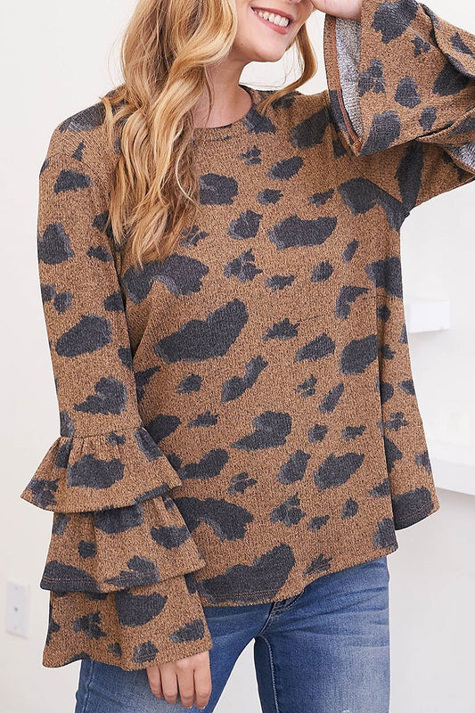 Layered ruffle long sleeve leopard top (EF2400)