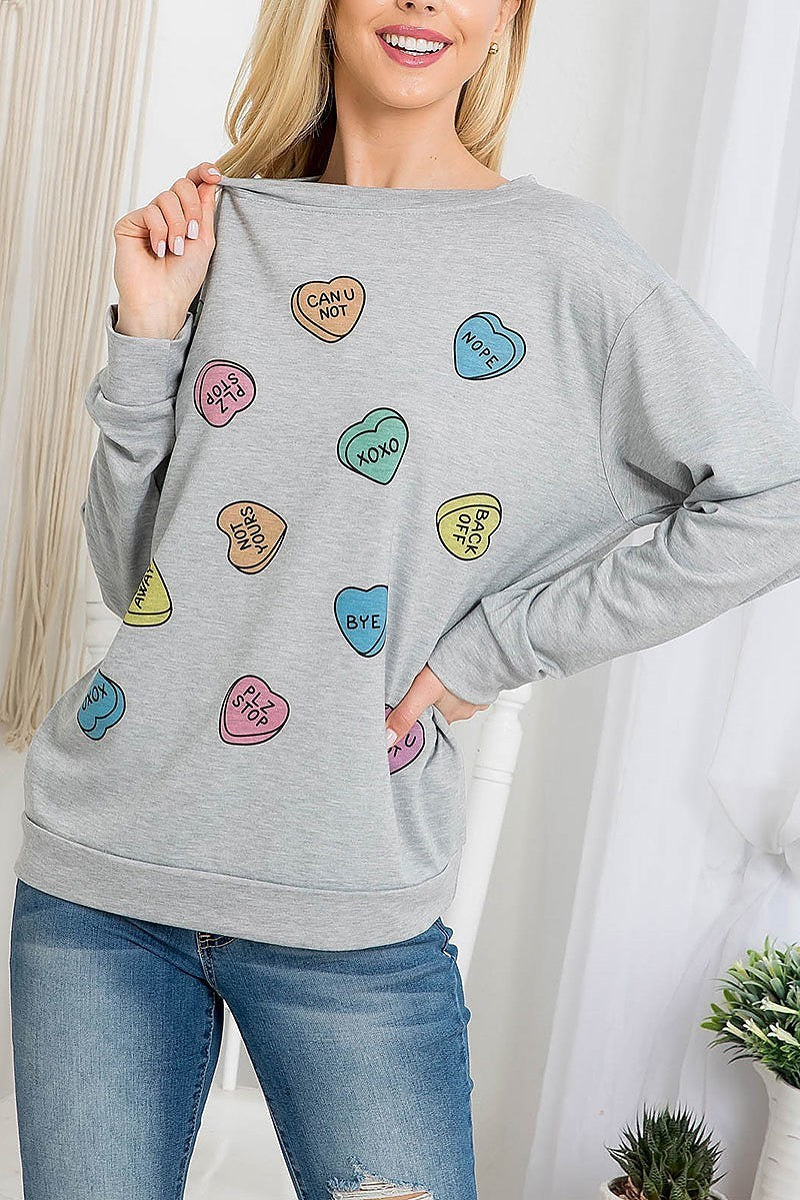 Multi hearts print cuffed long sleeve sweater top (EF3157)