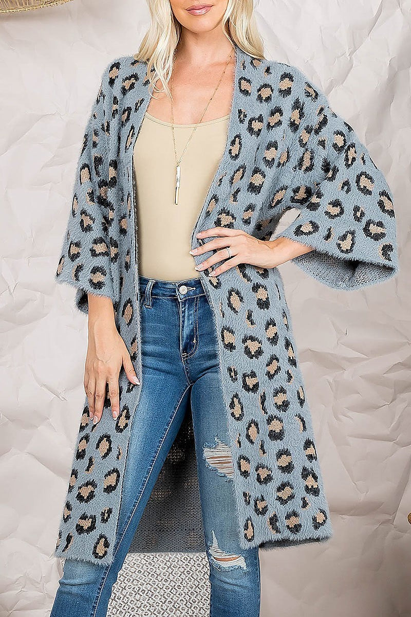 Fuzzy fur leopard print knee length kimono (DGS5534)