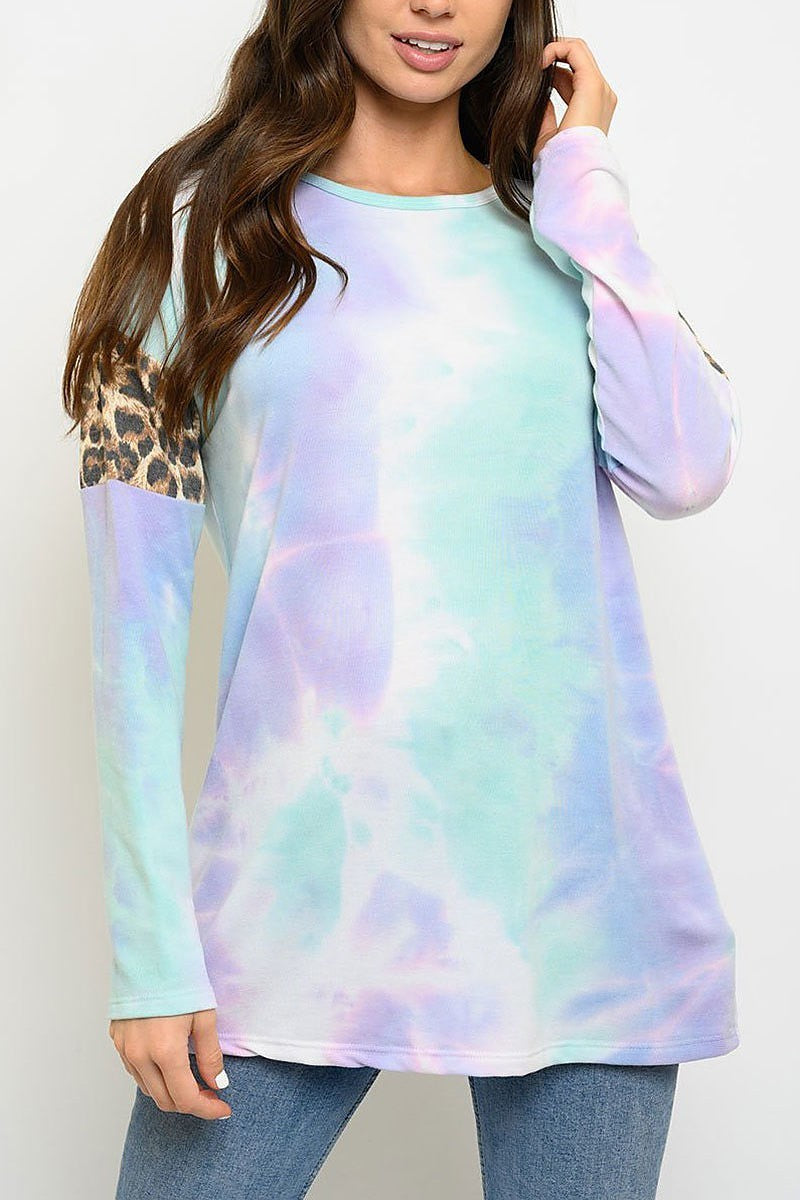 Long sleeve tie dye animal print color block top (EDWT3053)