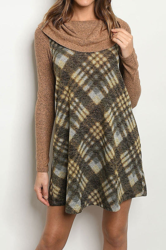 Cowl neck plaid color block dress (DED5479-2)