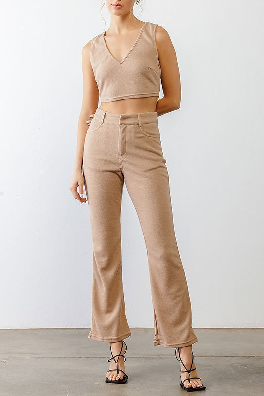 Waffle knit open tie back crop top and patns set (TED1767)