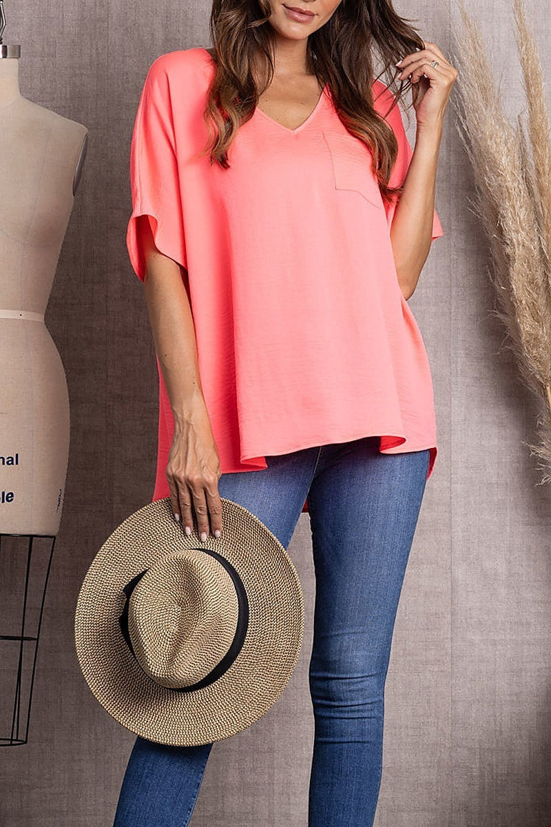 Solid v-neck short sleeve loose fit tunic top (EDSW3415)