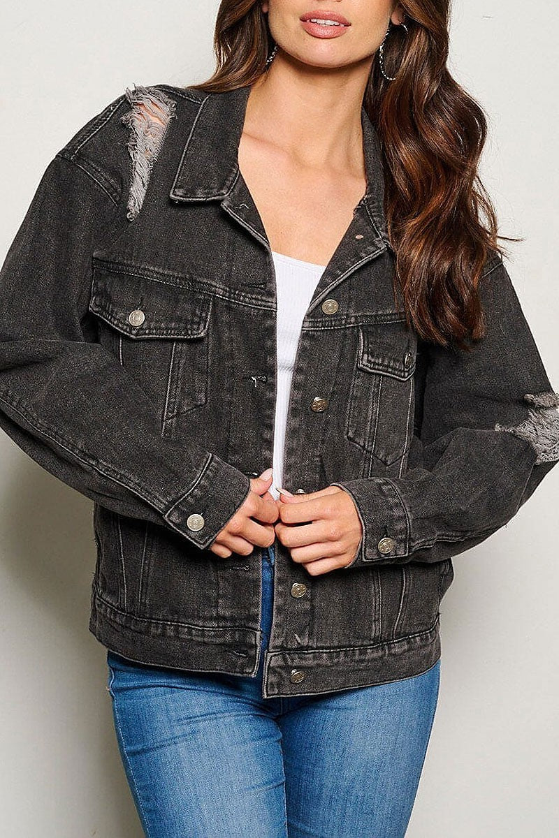 Button closure distressed pockets denim jacket (EGWT1355)