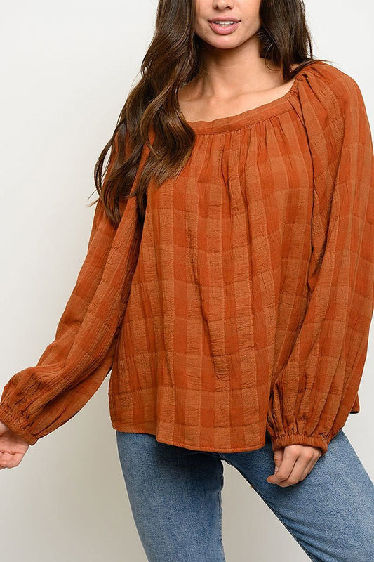 Long sleeve round neck plaid top (EDWT2806)