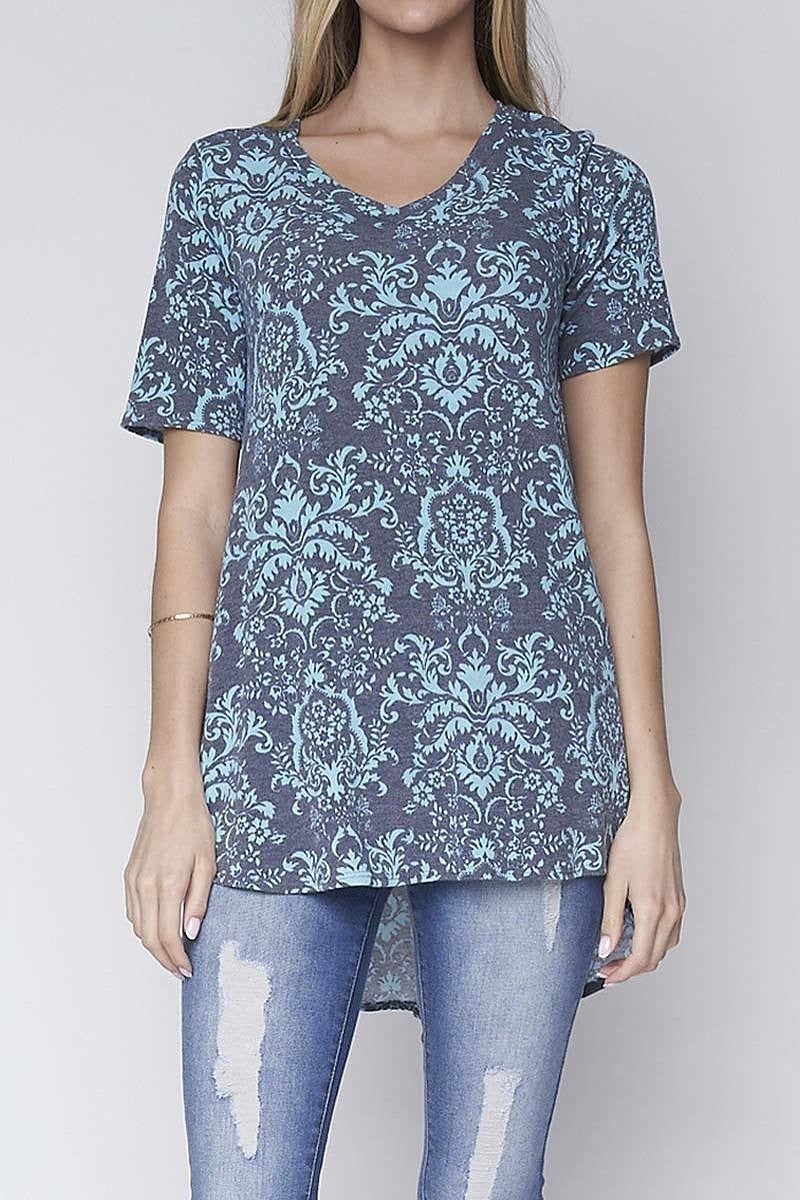 Damask print short sleeve v-neck hi-lo tunic top (DGC8600-LAST)