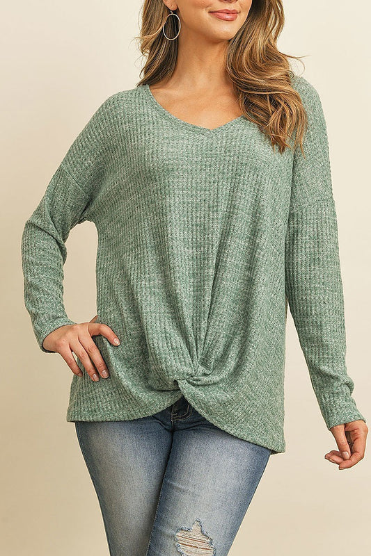 Two toned waffle v neck knot top (ED8549)