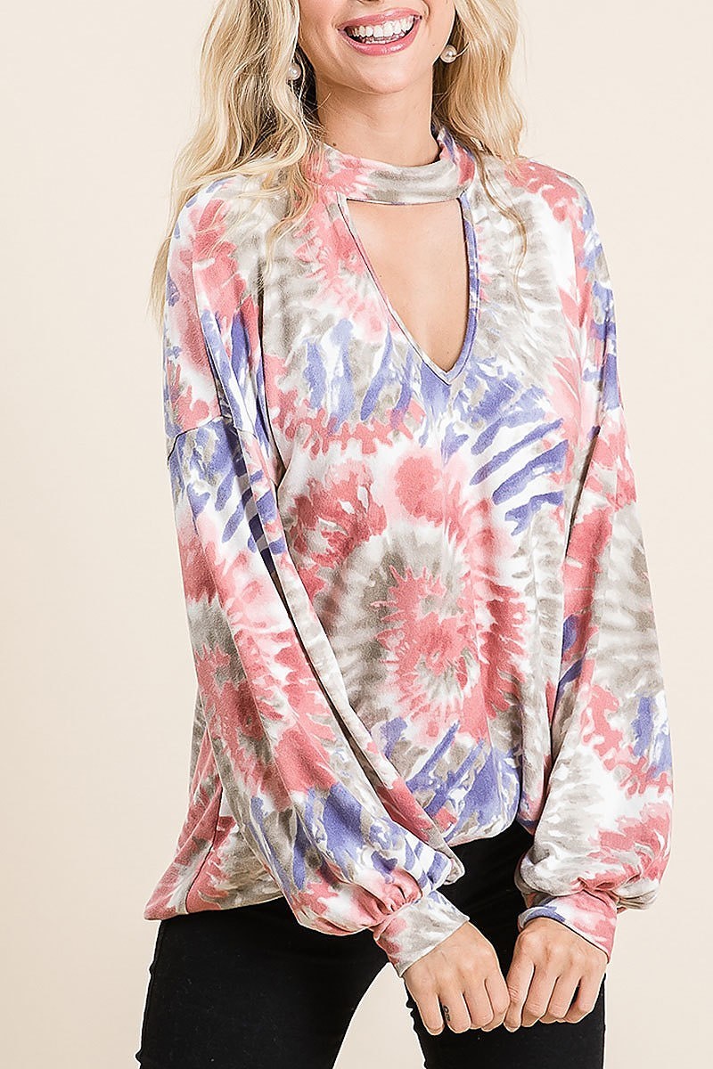 Tie dye keyhole neck bubble sleeve top (EF5039)