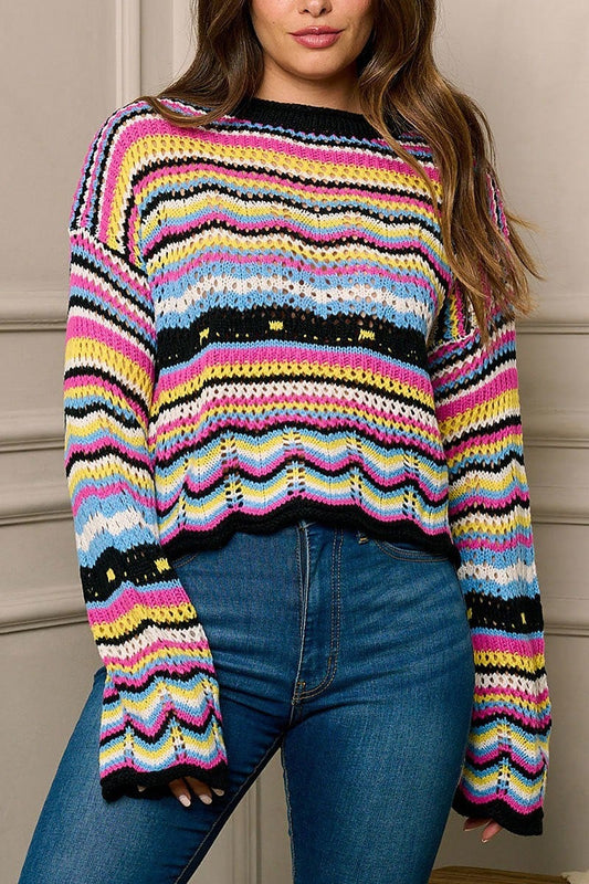 Long bell sleeve multi color stripes top (EFWT5954)