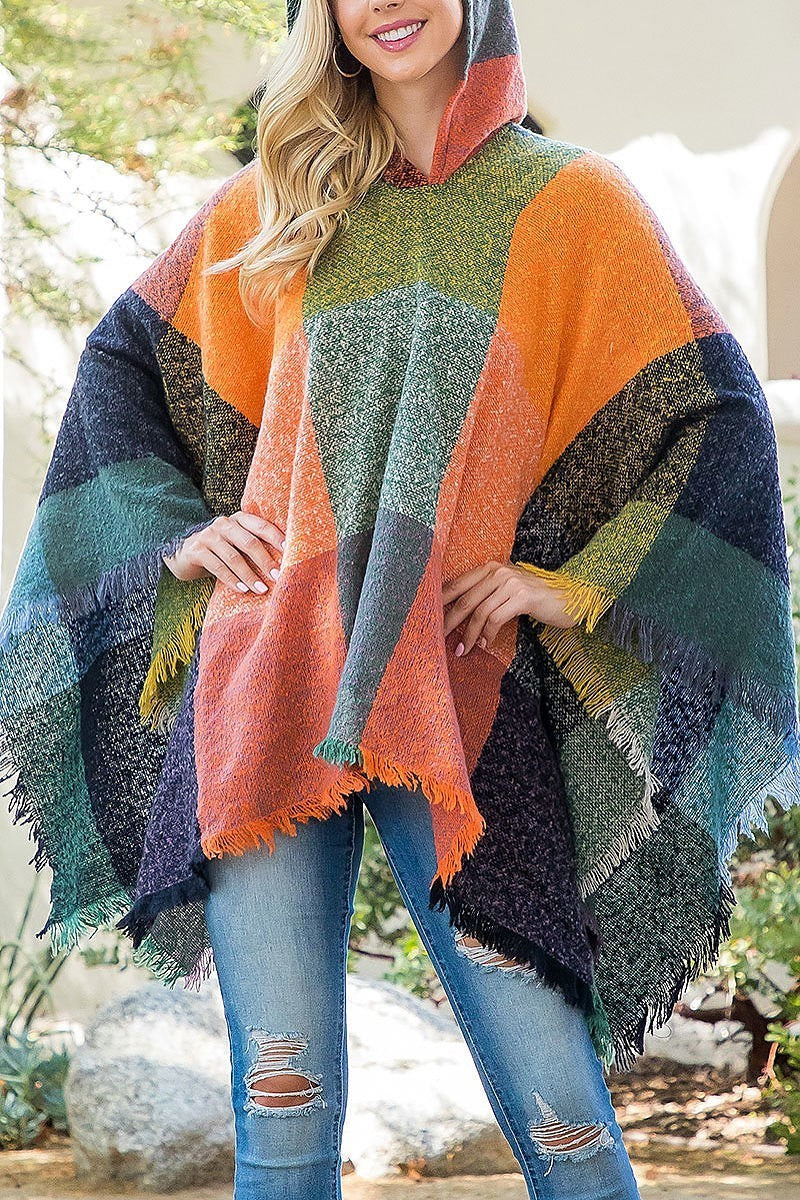 Square multicolor warmer knitted hooded poncho (DGS5851)