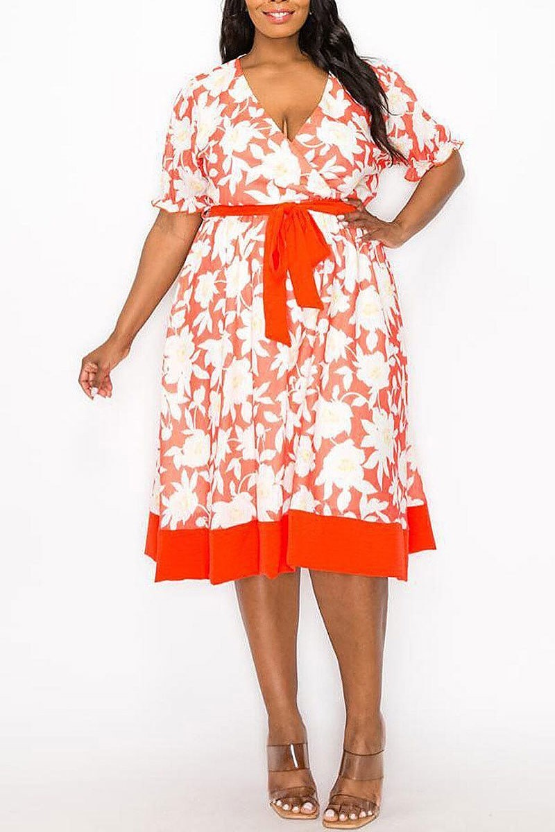 Short sleeve surplice self tie floral midi dress (EFWT8227)