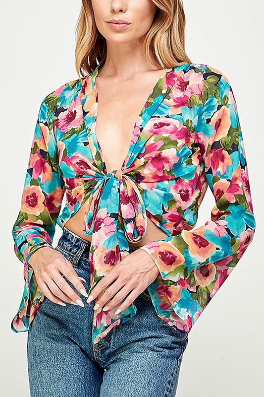 Front tie bell sleeve floral cardigan (EF5523)