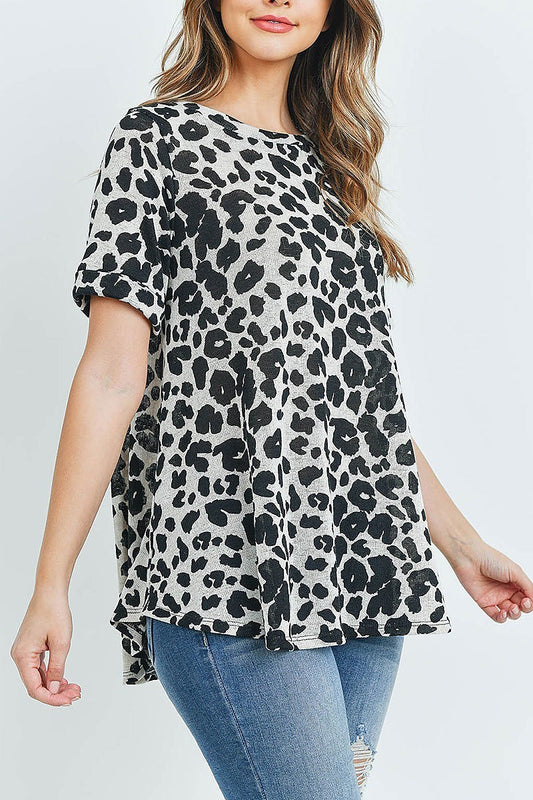 Short sleeves round hem leopard top (ED8677)