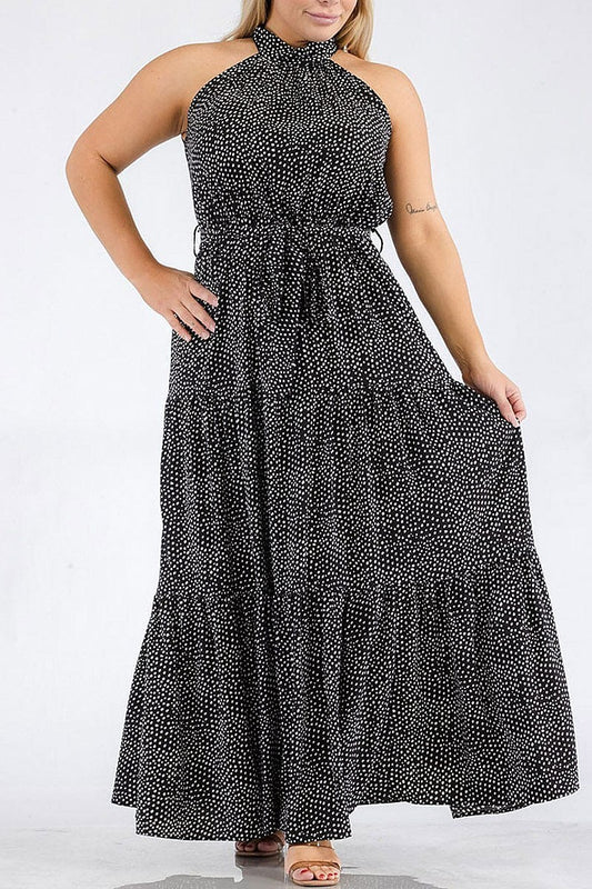 Halter neck elastic waist polka dots maxi dress (EGWT2191)