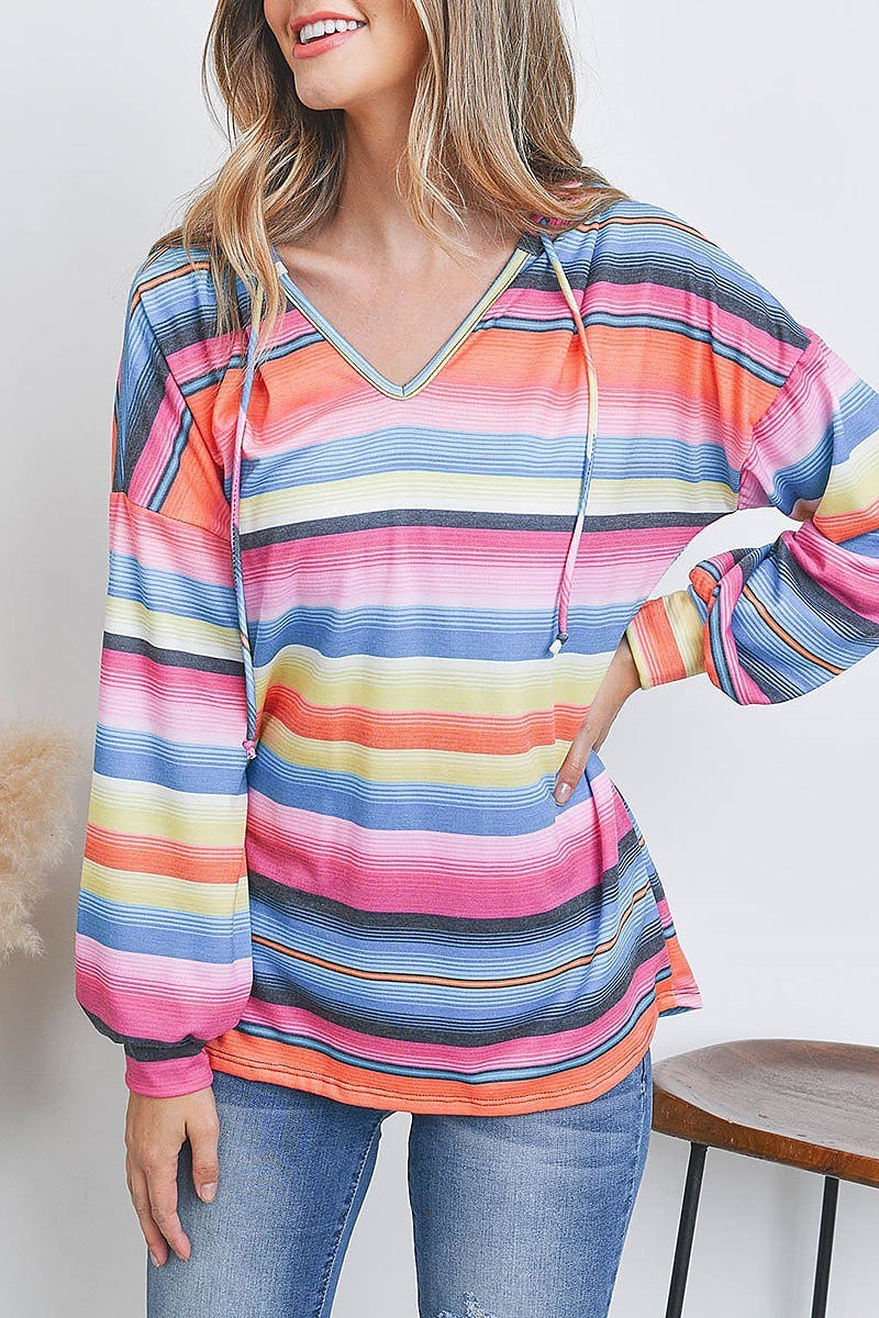 Multi stripe loose fit hoodie top (EF2357)