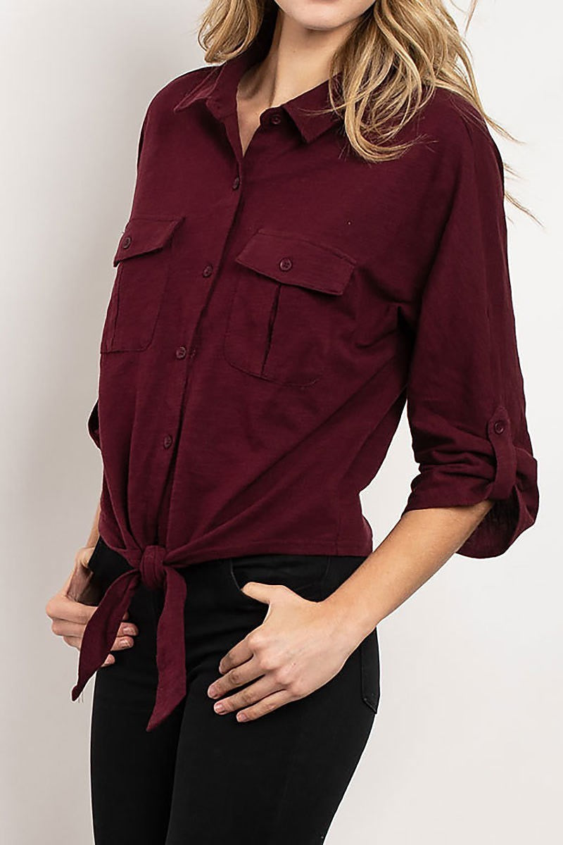 Button front waist tie pocket detail top (ED7940)